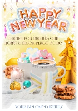 White, yellow and pink Happy New Year 2022 greeting card (with editable text and animation) Hot chocolate, cookies, cheese Christmas tree, decorations - Image
