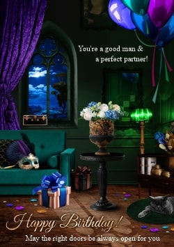 Dark Happy Birthday greeting card 2021 (with editable text and animation) luxurious castle interior with gift, flowers and balloons - Image