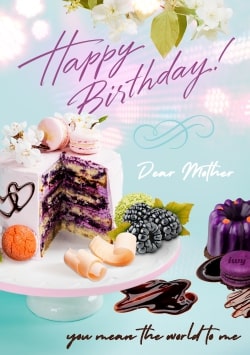 Turquoise & Pink Happy Birthday greeting card 2021 (with editable text and animation) cake with chocolate, blackberry and flowers - Picture