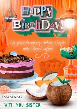 Orange Happy Birthday greeting card 2021 (with editable text and animation) chocolate cake with coconut - Picture