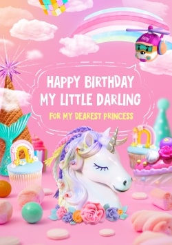 Pink Happy Birthday greeting card 2021 (with editable text and animation) Unicorn surrounded by colorful sweets, candies, rainbow and toys - Picture
