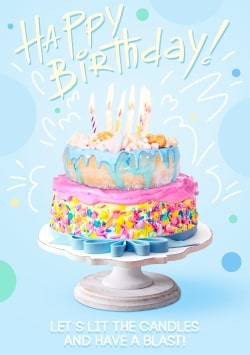 Blue Happy Birthday greeting card 2021 (with editable text and animation) Big colorful monster cake with sweets, candies and burning candles - Image