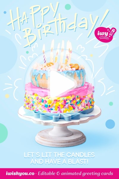 Blue Happy Birthday greeting card 2021 (with editable text and animation) Big colorful monster cake with sweets, candies and burning candles - Image