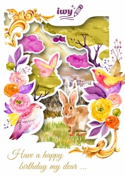 White Happy Birthday Watercolor greeting card 2021 (with editable text and animation) Painted garden inhabited by drawn birds, butterflies, rabbits & flowers - Picture