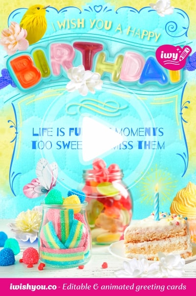 Blue & Yellow Multicolor Happy Birthday greeting card 2021 (with editable text and animation) fruit jelly, sweets, piece of cake with candle, flowers, bird and butterfly surround birthday table - Picture