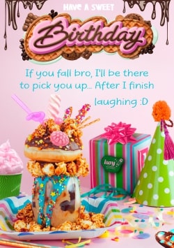 Multicolor Happy Birthday greeting card 2021 (with editable text and animation) juicy monster shake, party hat and gift on birthday table with Birthday inscription on top made of chocolate and cookies - Photo