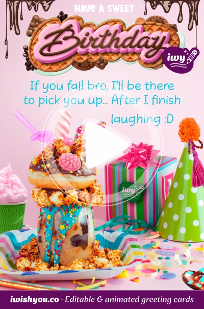 Multicolor Happy Birthday greeting card 2021 (with editable text and animation) juicy monster shake, party hat and gift on birthday table with Birthday inscription on top made of chocolate and cookies - Photo