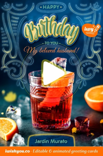 Dark Blue Happy Birthday greeting card 2021 (with editable text and animation) Glass with orange drink and ice surrounded by orange slices - Photo