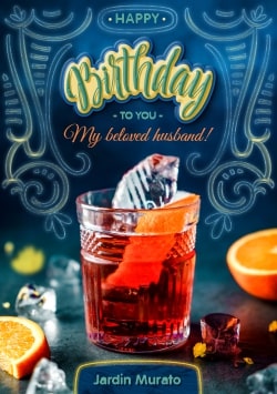 Dark Blue Happy Birthday greeting card 2021 (with editable text and animation) Glass with orange drink and ice surrounded by orange slices - Photo