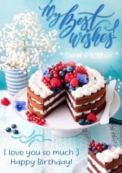 Light Blue Happy Birthday greeting card 2021 (with editable text and animation) My Best Wishes inscription with spring flowers and chocolate cake with berries - Photo