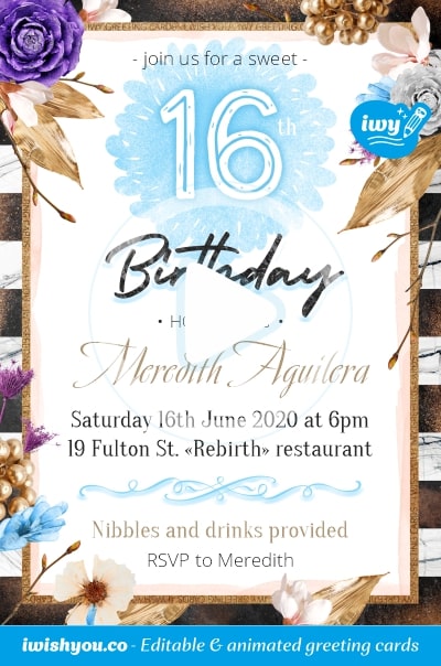 Birthday invitation card 2021 (with editable text and animation) flowers, gold, sweet 16 inscription on blue brushstroke and white background - Image