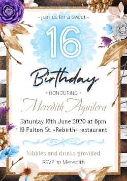 Birthday invitation card 2021 (with editable text and animation) flowers, gold, sweet 16 inscription on blue brushstroke and white background - Image