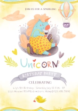 Yellow Birthday invitation template card 2021 (with editable text and animation) cute cartoon unicorn, flying balloon, duck - Drawing