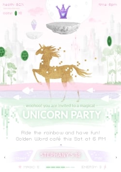 White Birthday invitation card 2021 (with editable text and animation) golden video game unicorn, pink purple and green rainbow, fish, magic castle - Painting