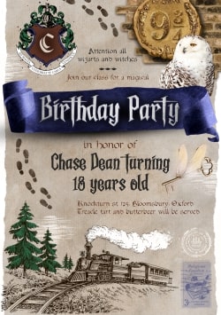 Magical Birthday Party Invitation Card Harry Potter Style (with editable text and animation) approaching Hogwarts Express with owl, Marauder's Map & Platform 9 3/4 sign