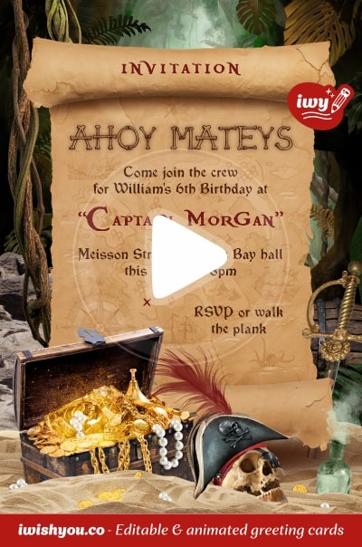 Pirate Birthday Electronic Invitation 2021 (with editable text and animation) Treasure map with Ahoy Mateys inscription surrounded by treasure chest, pirate skull with hat and saber in a jungle