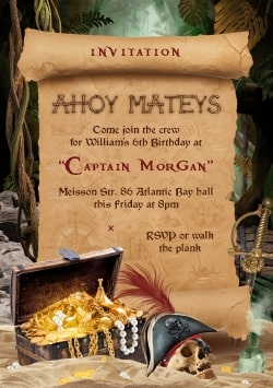 Pirate Birthday Electronic Invitation 2021 (with editable text and animation) Treasure map with Ahoy Mateys inscription surrounded by treasure chest, pirate skull with hat and saber in a jungle