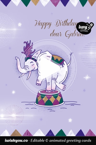 Pastel Purple Happy Birthday greeting card 2021 (with editable text and animation) drawn elephant climbing on a circus themed platform - Drawing