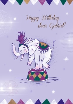 Pastel Purple Happy Birthday greeting card 2021 (with editable text and animation) drawn elephant climbing on a circus themed platform - Drawing