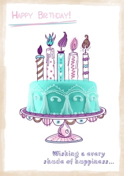 Purple & turquoise Happy Birthday greeting card 2021 (with editable text and animation) cool cake with candles on white background - Drawing
