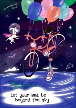 Dark Blue Happy Birthday greeting card 2021 (with editable text and animation) bicycle with tied balloons lifted into space with kid's sneakers caught on a pedal and flying dog with cape on the left - Drawing