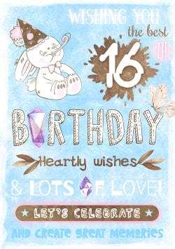 Blue Happy Birthday greeting card 2021 (with editable text and animation) drawn white bunny with gold party horn and party hat & Birthday inscription with purple precious stones and crystals - Image