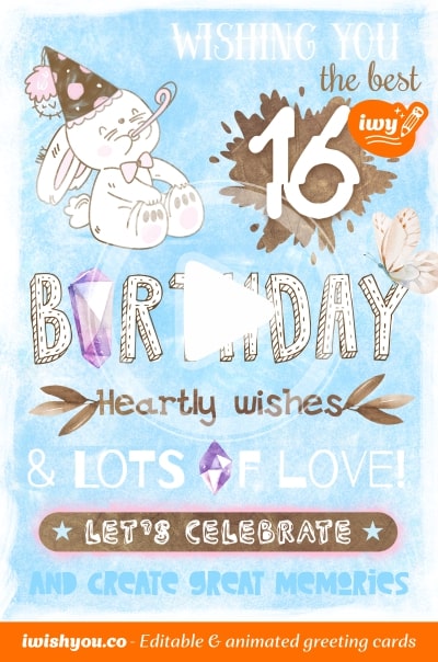 Blue Happy Birthday greeting card 2021 (with editable text and animation) drawn white bunny with gold party horn and party hat & Birthday inscription with purple precious stones and crystals - Image